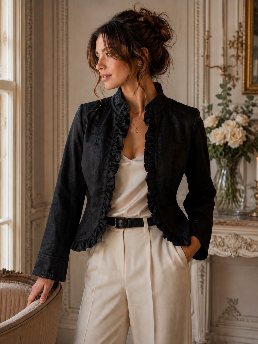Vintage Black Ruffle Trim Victorian Fitted Jacket Romantic Equestrian Blazer